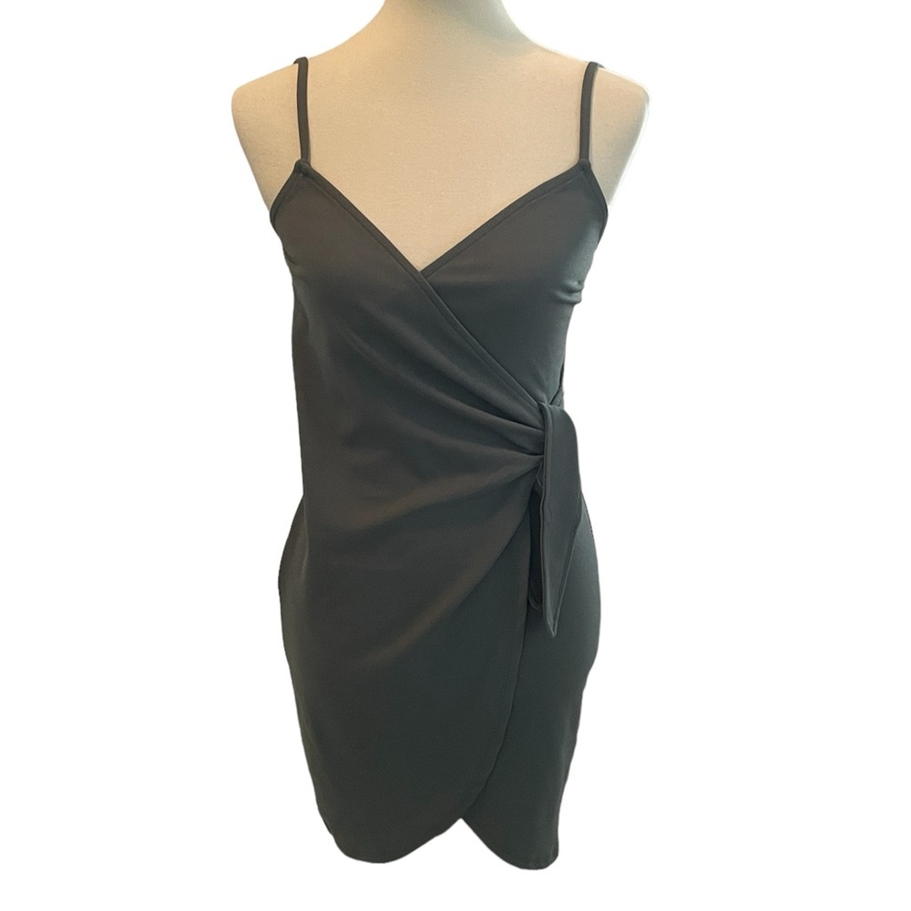 Mind Code‎ olive green knotted wrap mini dress